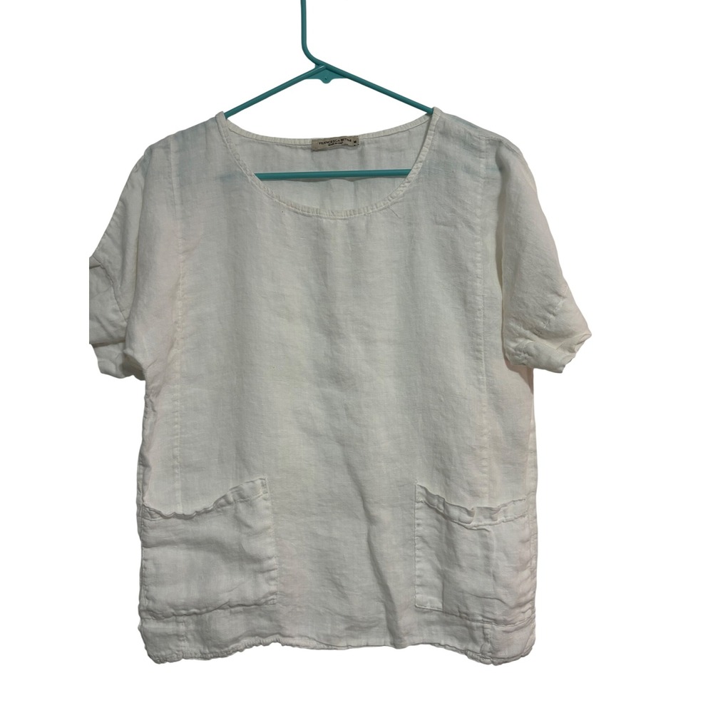 Francesca Bettini Linen Top Blouse White Pocket Short Sleeve Italy Medium
